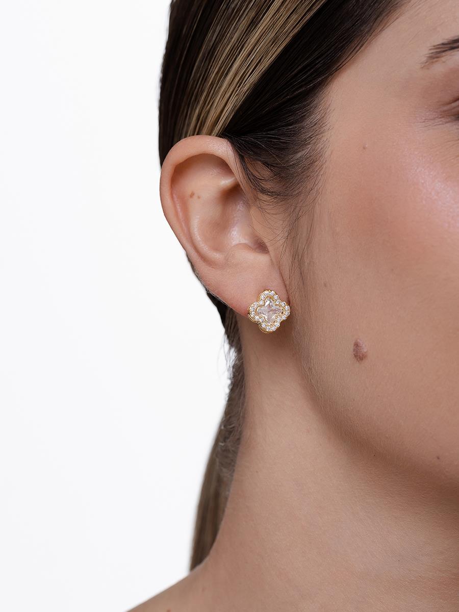 Brinco Trevo Cravejado Incolor | Banhado a Ouro - Imagem 2