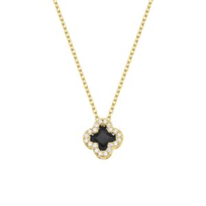 Colar Trevo Cravejado Preto | Banhado a Ouro