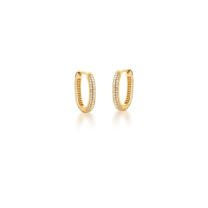 ARGOLA OVAL TRÊS FILEIRAS COM ZIRCÔNIAS BRANCAS BANHADA A OURO