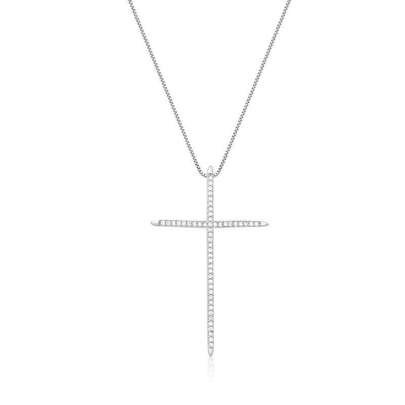 CORRENTE COM PINGENTE DE CRUCIFIXO CRAVEJADO FOLHEADA A RÓDIO