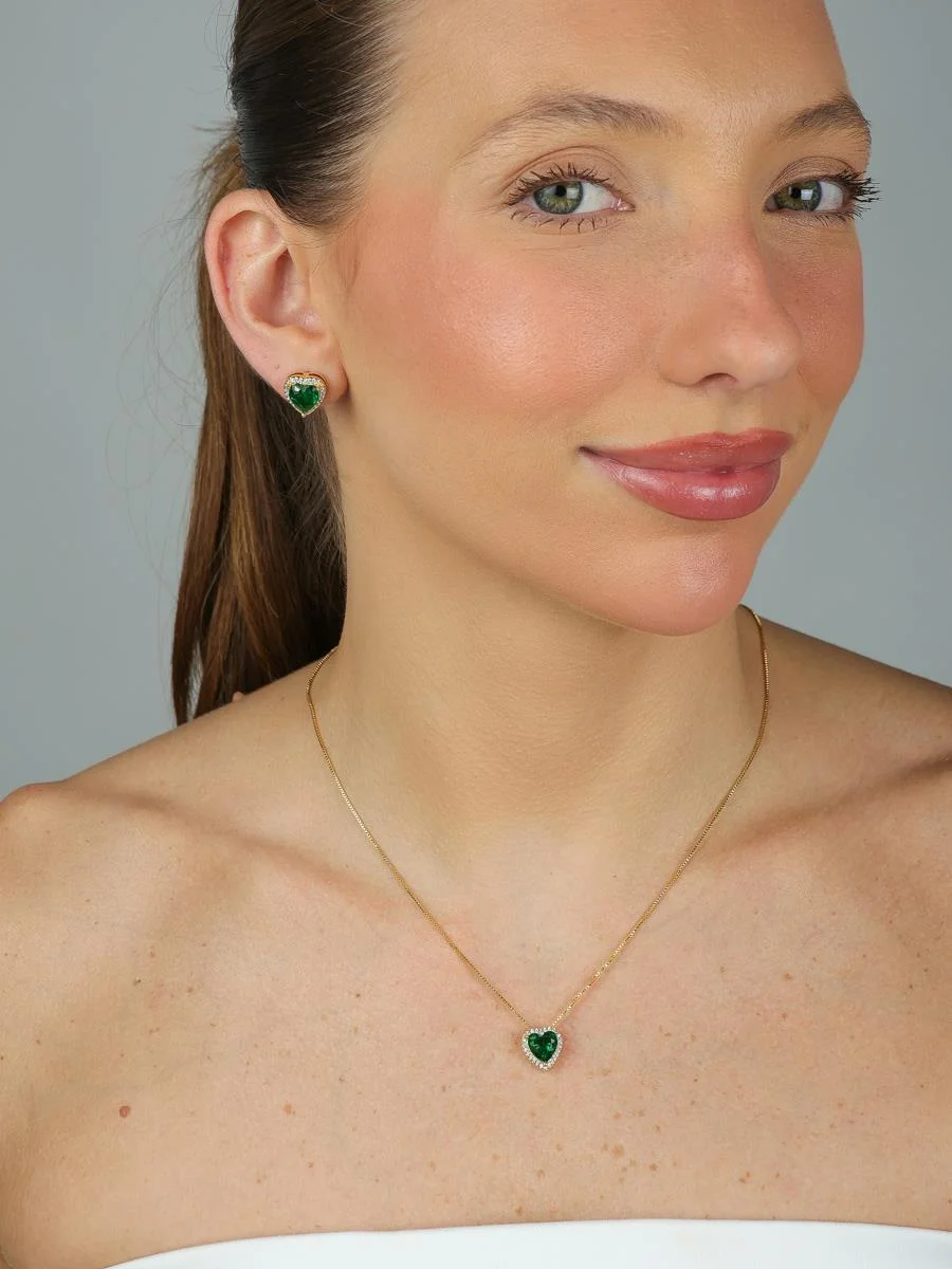 Conjunto Coração Esmeralda Cravejado | Banhado a Ouro - Imagem 2