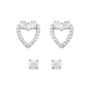 Brinco Duplo Ponto De Luz E Coração Cravejado | Banho De Prata