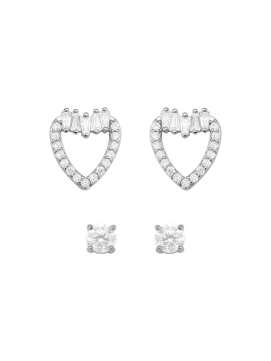 Brinco Duplo Ponto De Luz E Coração Cravejado | Banho De Prata