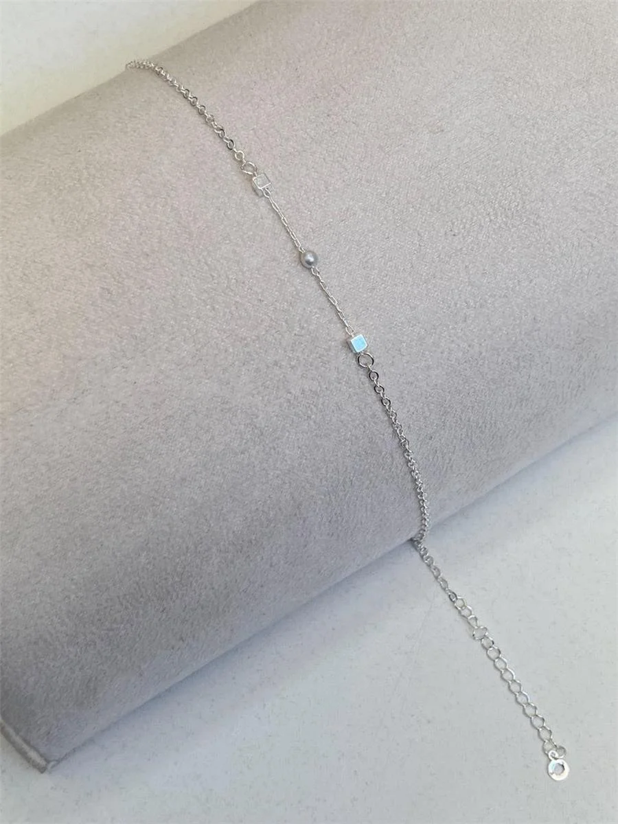 Tornozeleira Pérola e Quadrado | Banho de Prata