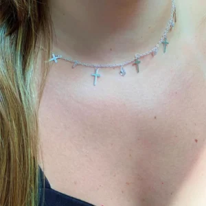 Choker Cruz Com Ponto De Luz | Banho De Prata