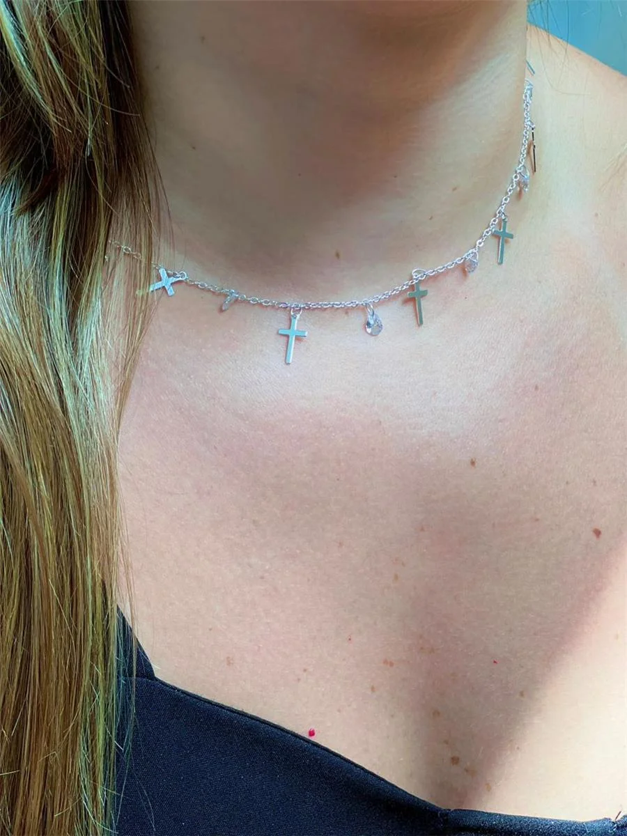 Choker Cruz Com Ponto De Luz | Banho De Prata