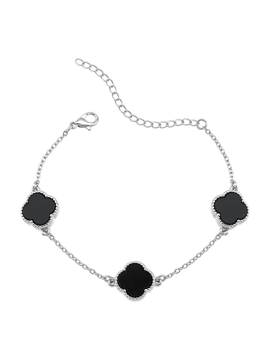 Pulseira Trevo P Preto | Banhado no Ródio Branco